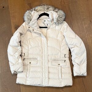 Larry Levine Cream Quilted Puffer Coat with Faux Fur-Trim Hood